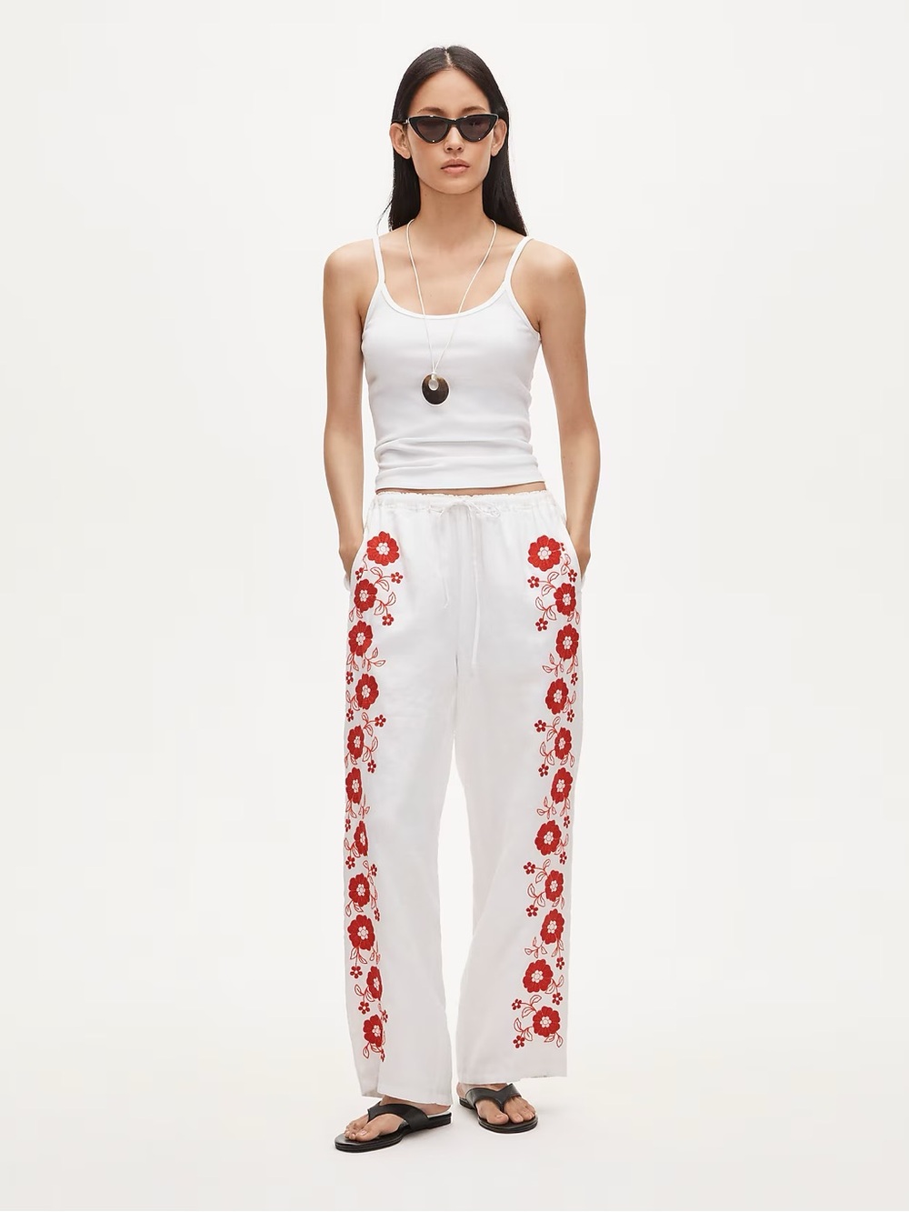 J. Crew White Wide-Leg LinenPants with Red Floral Embroidery
